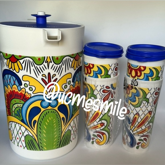 Tupperware Marvelous Talavera Beautiful Pitcher Matching Tumblers Canister Set - Picture 3 of 5